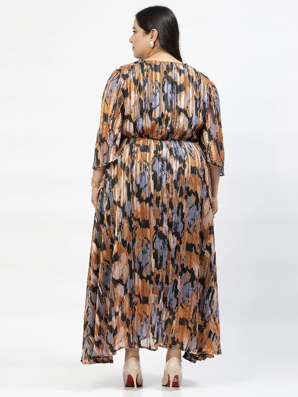 Black Plus Size Abstract Print Flared Sleeve Fit & Flare Maxi Dress