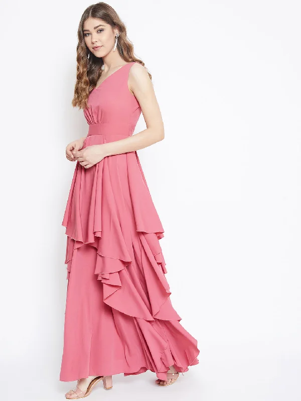 Berrylush Women Solid Pink V-Neck Sleeveless Fit & Flare Maxi Dress