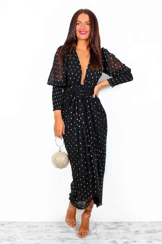 Drive 'Em Wild - Black Gold Print Midi Wrap Dress