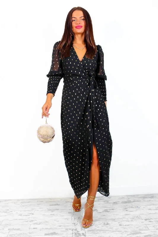 Drive 'Em Wild - Black Gold Print Midi Wrap Dress