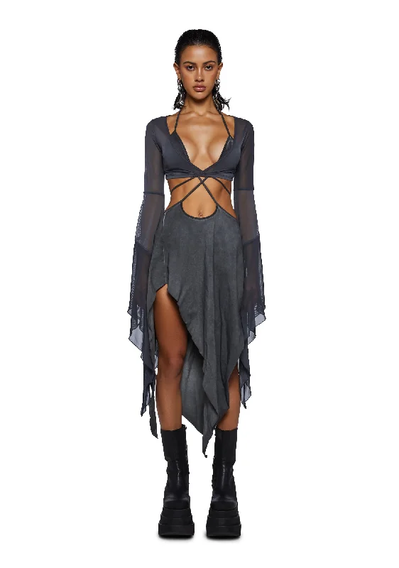 Echo Asymmetrical Mesh Wrap Dress - Charcoal