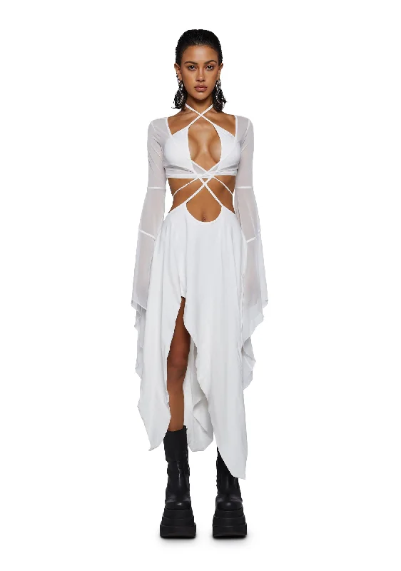 Echo Asymmetrical Mesh Wrap Dress - White