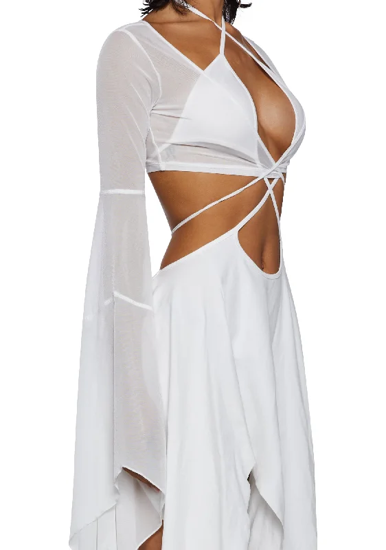 Echo Asymmetrical Mesh Wrap Dress - White