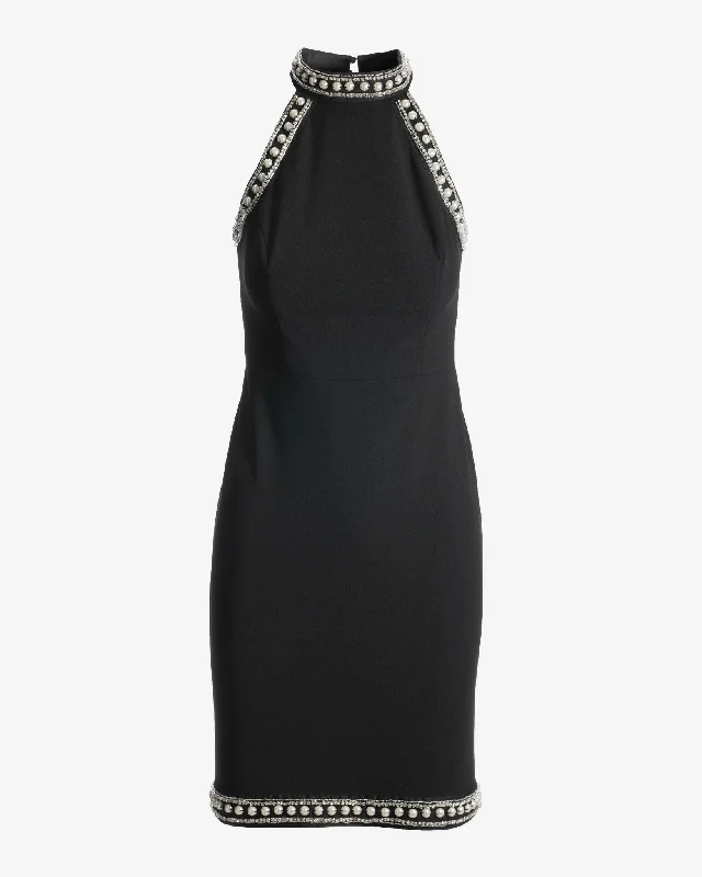 Pearl Embellished Mock Neck Sheath Dress Black