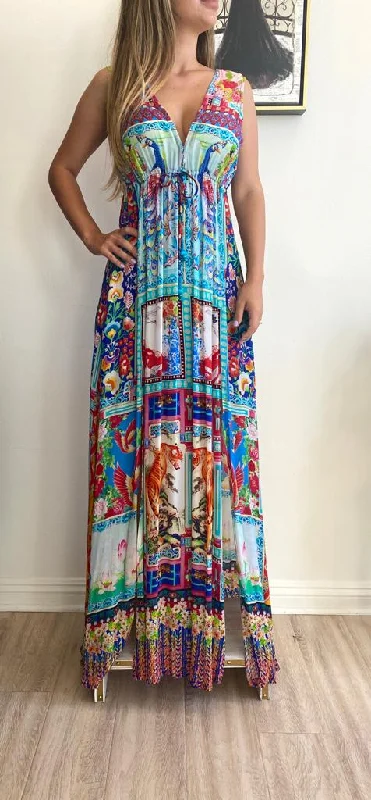 Shahida Parides Silks Plunge Neckline Maxi Dress