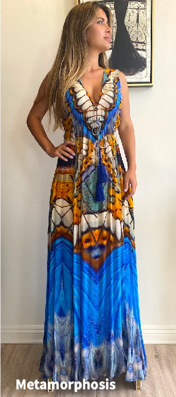 Shahida Parides Silks Plunge Neckline Maxi Dress