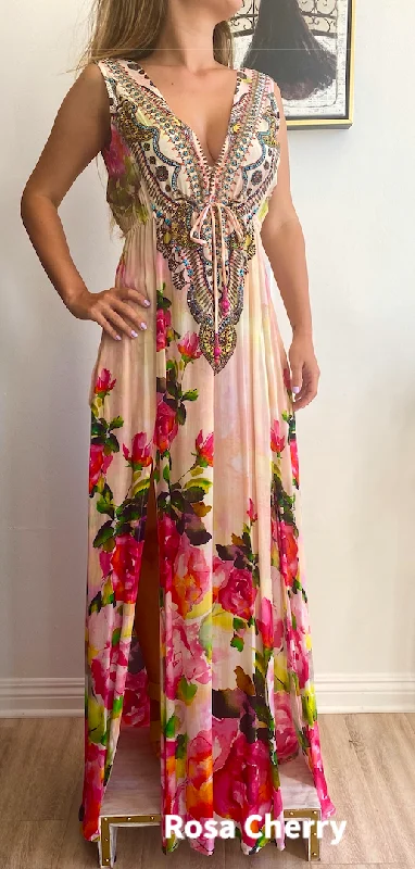 Shahida Parides Silks Plunge Neckline Maxi Dress