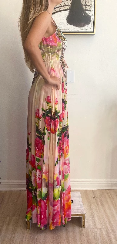 Shahida Parides Silks Plunge Neckline Maxi Dress