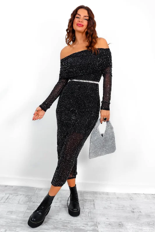 Shes A Temptress - Black Mesh Diamante Mesh Bardot Dress