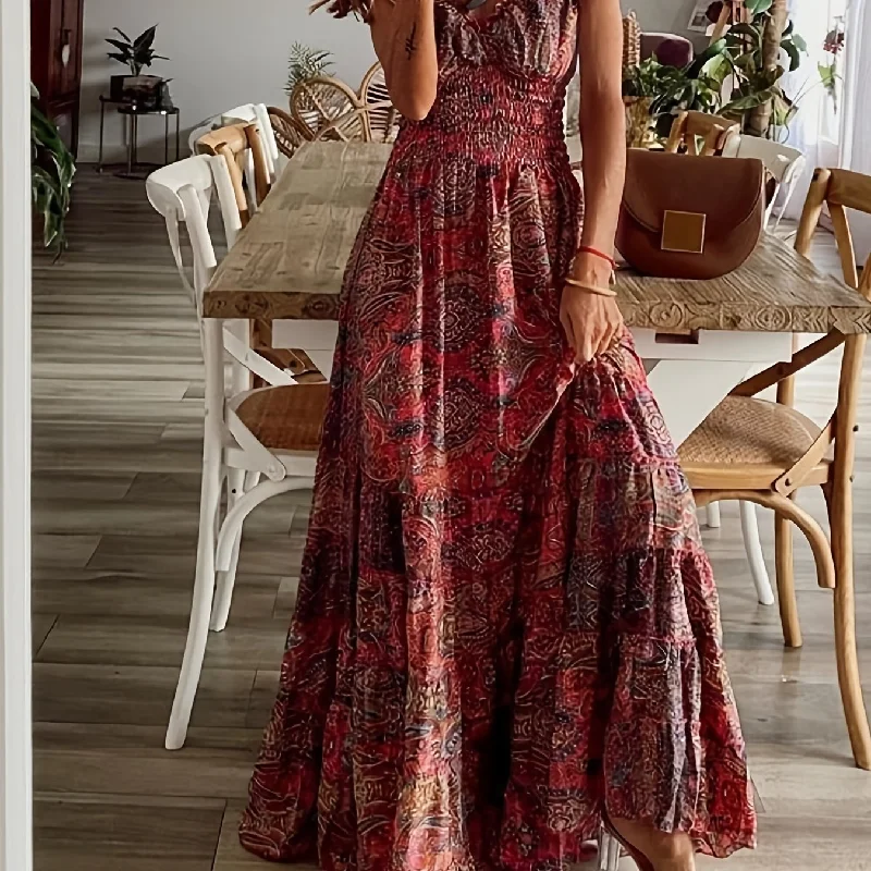 Sixsr Floral Print Ruffle Neck Long Dress, Boho Short Sleeve Waist Summer Large Swing Dresses, Women's Clothing