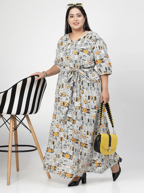 V Neck Puff Sleeves Floral Print Maxi Plus Size Dress