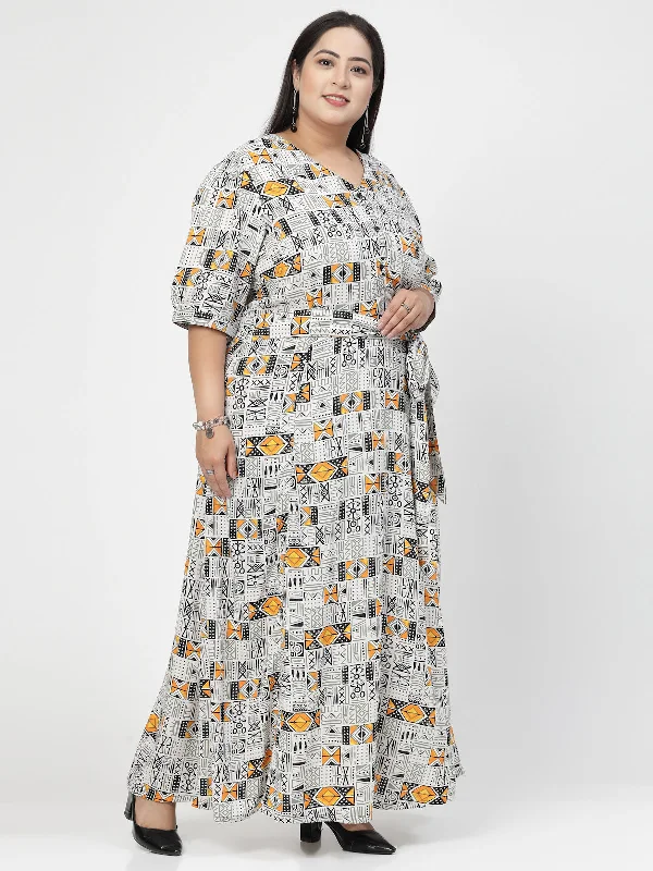 V Neck Puff Sleeves Floral Print Maxi Plus Size Dress