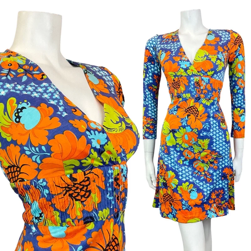 VINTAGE 60s 70s BLUE ORANGE GREEN FLORAL PSYCHEDELIC MINI SWING DRESS 8