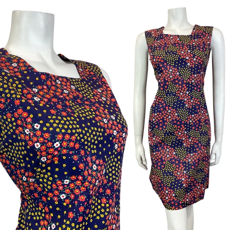 VINTAGE 60s 70s BLUE RED YELLOW DITSY FLOWER SLEEVELESS SUMMER DRESS 10 12