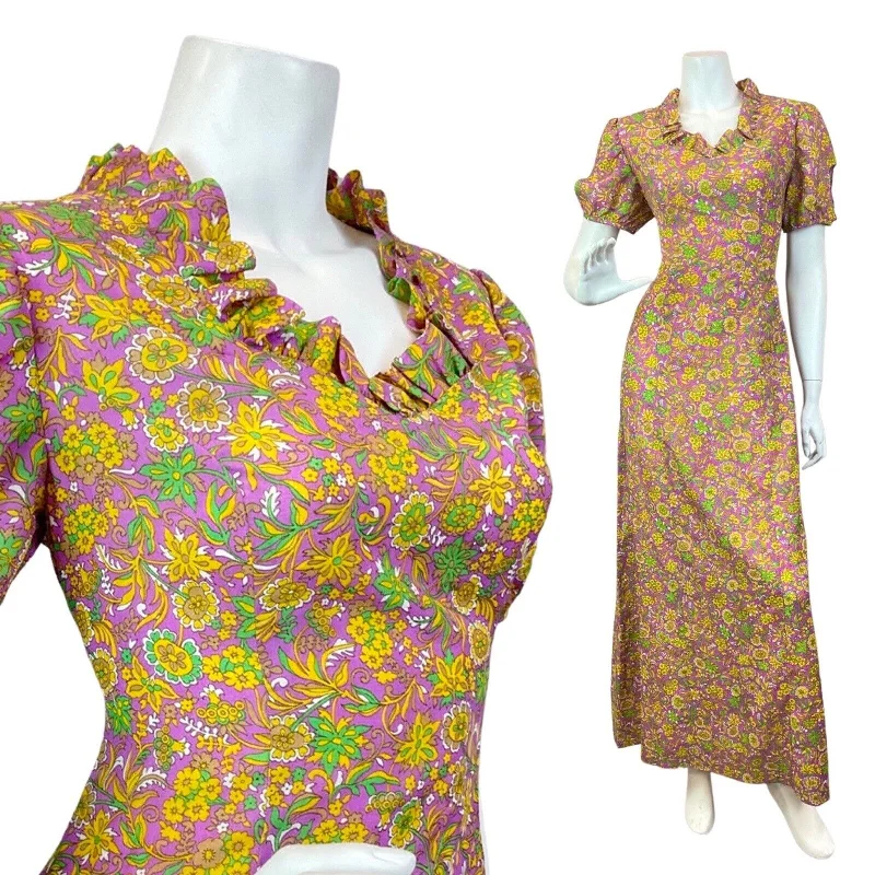 VINTAGE 60s 70s PURPLE YELLOW GREEN PSYCHEDELIC FLORAL MOD MAXI DRESS 10 12