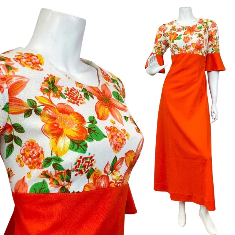 VTG 60s 70s ORANGE GREEN WHITE FLORAL EMPIRE FLOUNCE SLEEVE MOD MAXI DRESS 12