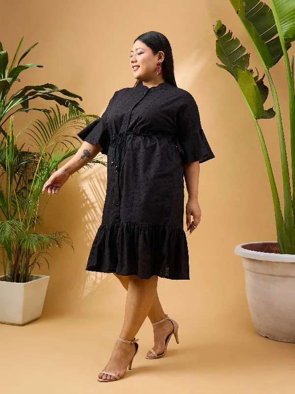 Women Black Schiffli Frill Sleeve & Hem Short Dress