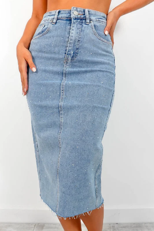 Denim The Spotlight - Light Blue Diamante Denim Midi Skirt