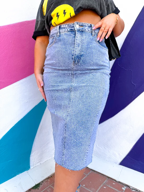 Denim The Spotlight - Light Blue Diamante Denim Midi Skirt