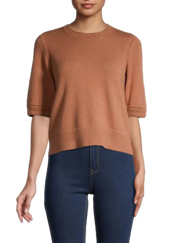 Feona Short Sleeve Sweater Knit Top In Brown