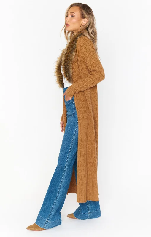 Lombardi Long Cardi ~ Hazelnut Knit with Faux Fur