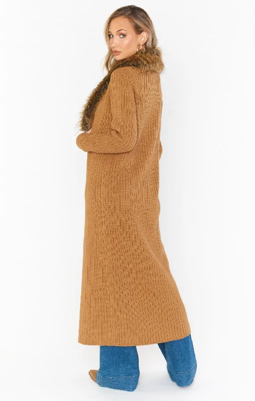 Lombardi Long Cardi ~ Hazelnut Knit with Faux Fur