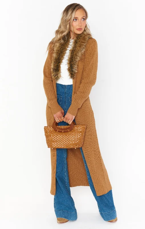 Lombardi Long Cardi ~ Hazelnut Knit with Faux Fur