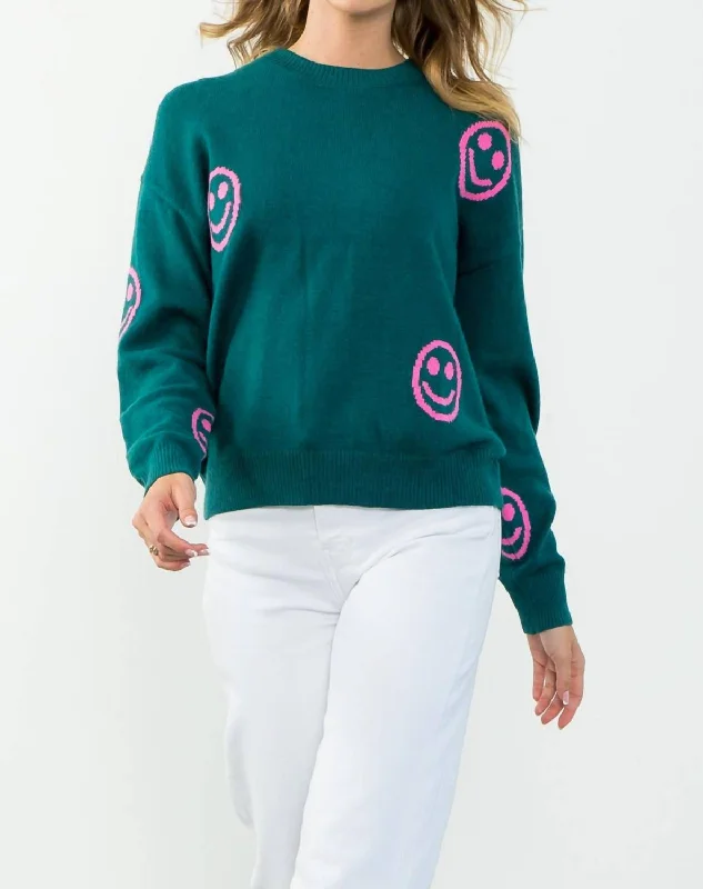 Smiley Face Sweater In Teal