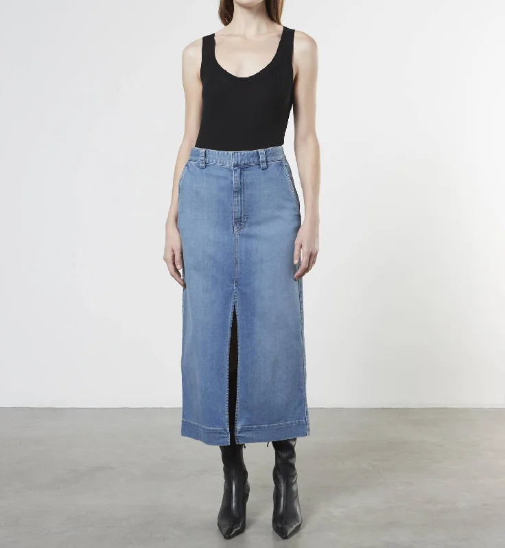 Soft Touch Slit Skirt In Mid Wash