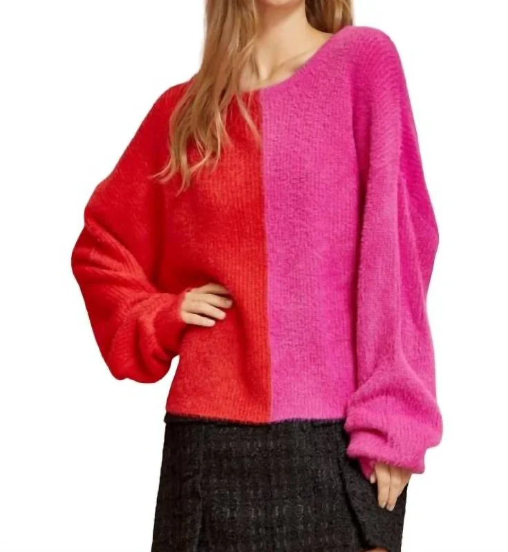 Split Color Sweater In Red And Pink