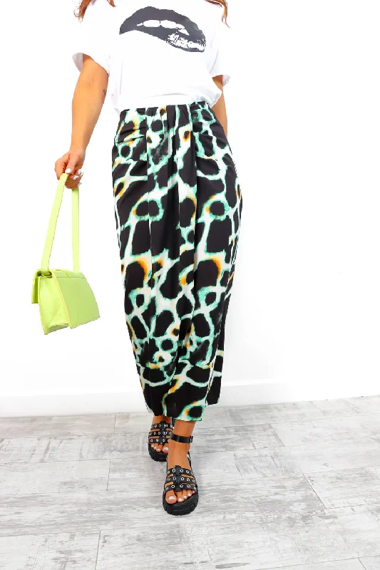 Tame Me - Black Cream Animal Print Gathered Midi Skirt