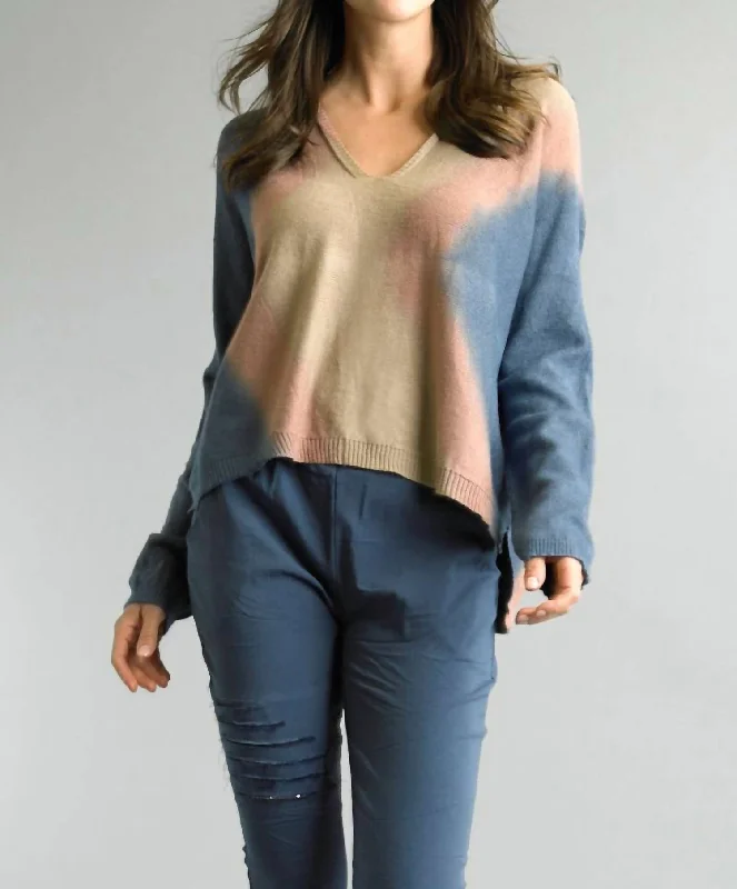 Tie Dye High Low Sweater In Denim/khaki