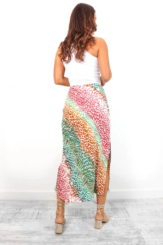 Wildly Confident - White Multi Leopard Satin Midi Skirt