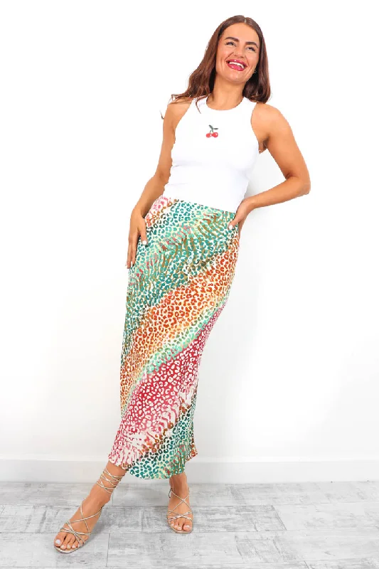 Wildly Confident - White Multi Leopard Satin Midi Skirt