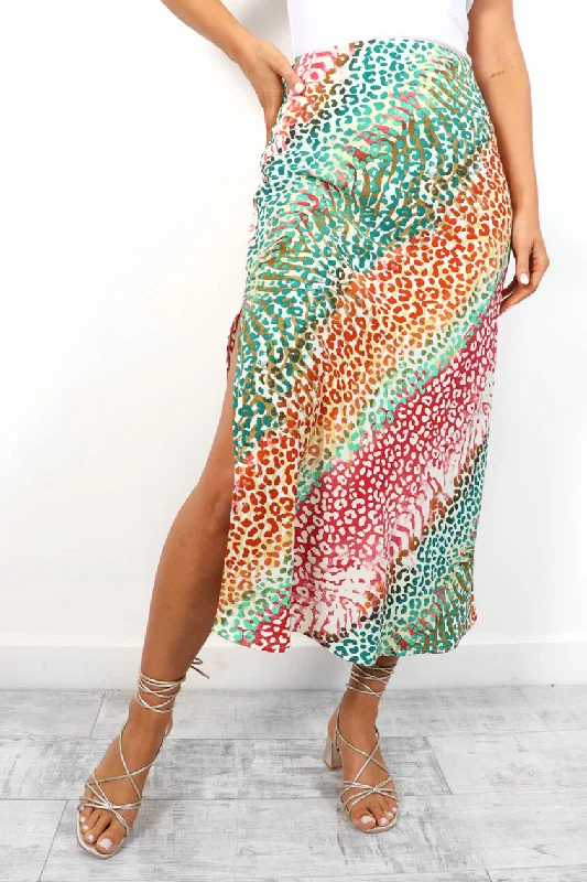 Wildly Confident - White Multi Leopard Satin Midi Skirt