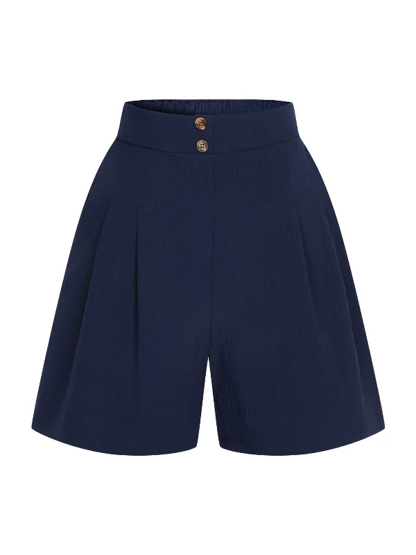 Dark Blue 1940s Solid Pleated Shorts