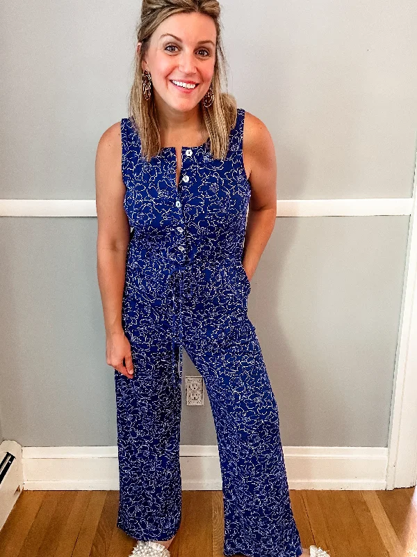 Navy and White Printed Jumpsuit