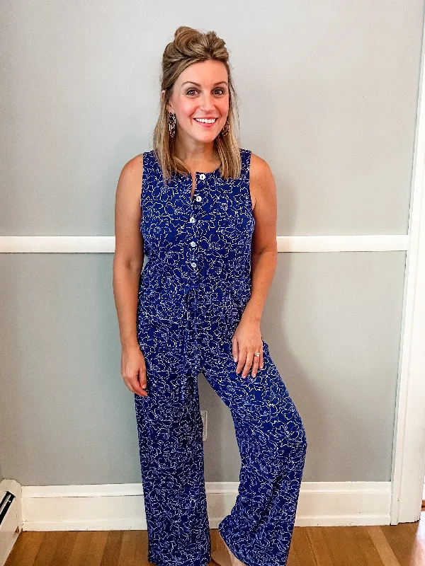 Navy and White Printed Jumpsuit