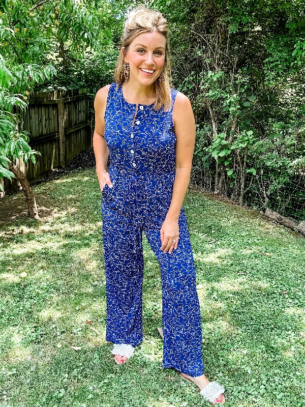 Navy and White Printed Jumpsuit