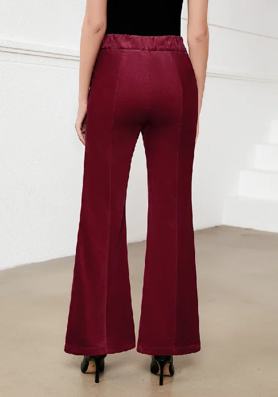 Wine Red Women's Bell Bottom Corduroy Flare High Waisted Front Seam Slacks