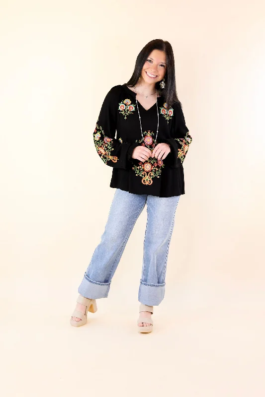 Dreamy Destination Floral Embroidered Long Sleeve Top in Black