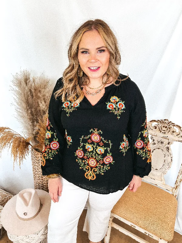 Dreamy Destination Floral Embroidered Long Sleeve Top in Black