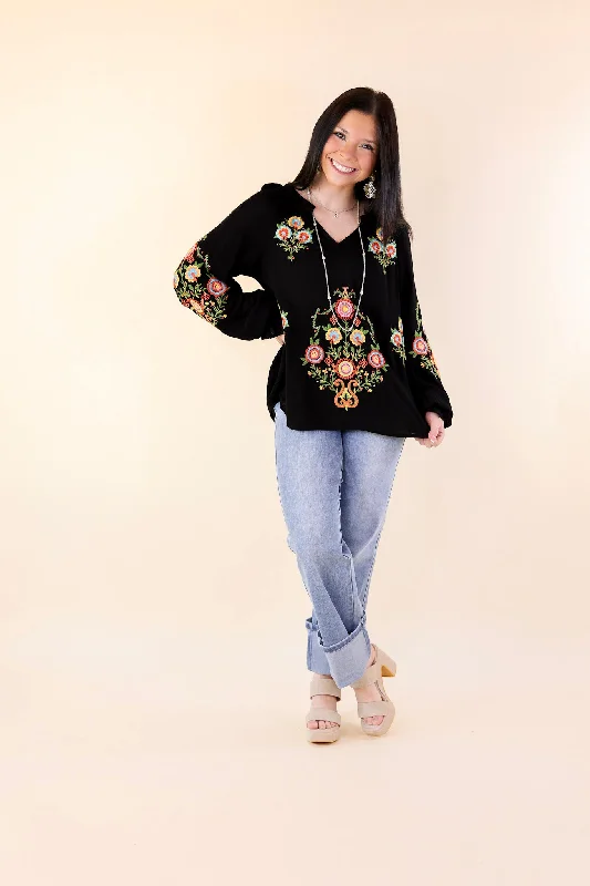 Dreamy Destination Floral Embroidered Long Sleeve Top in Black