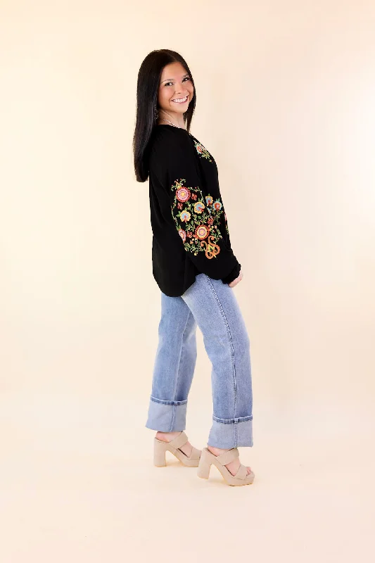 Dreamy Destination Floral Embroidered Long Sleeve Top in Black