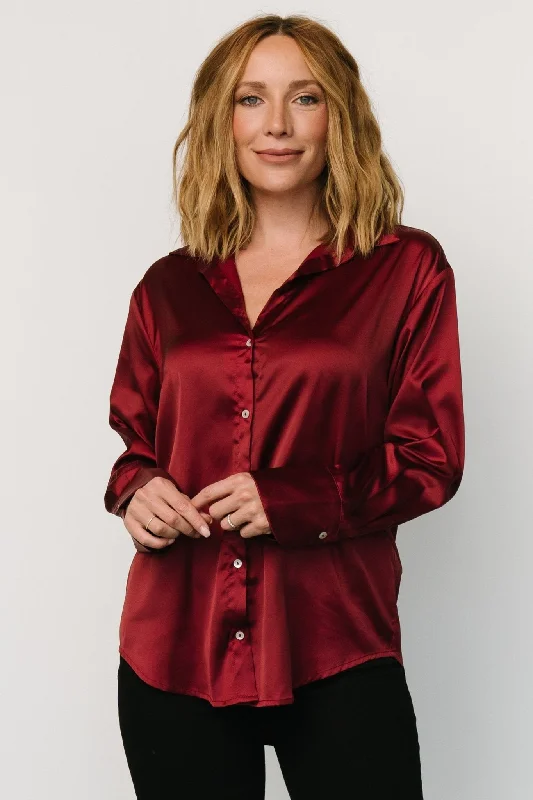 Kacey Satin Button Up Top | Burgundy