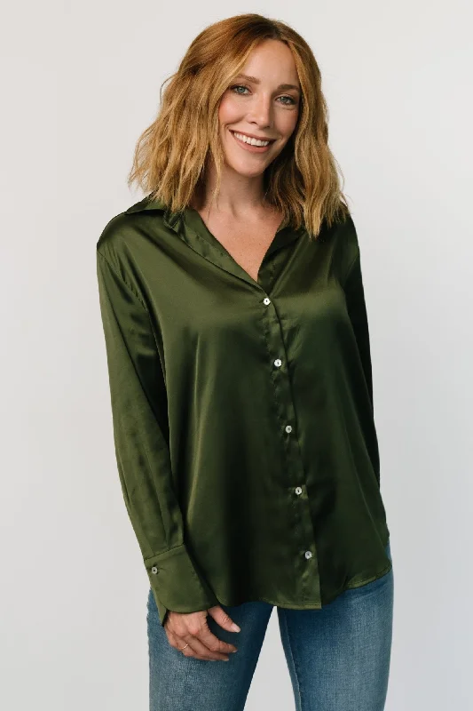 Kacey Satin Button Up Top | Dark Green