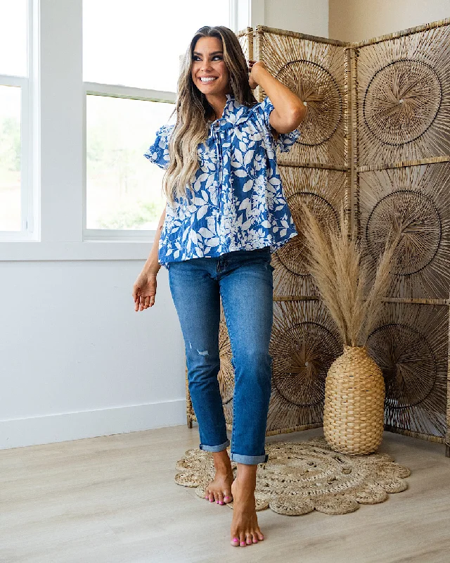 Marcie Blue Floral Ruffle Sleeve Top