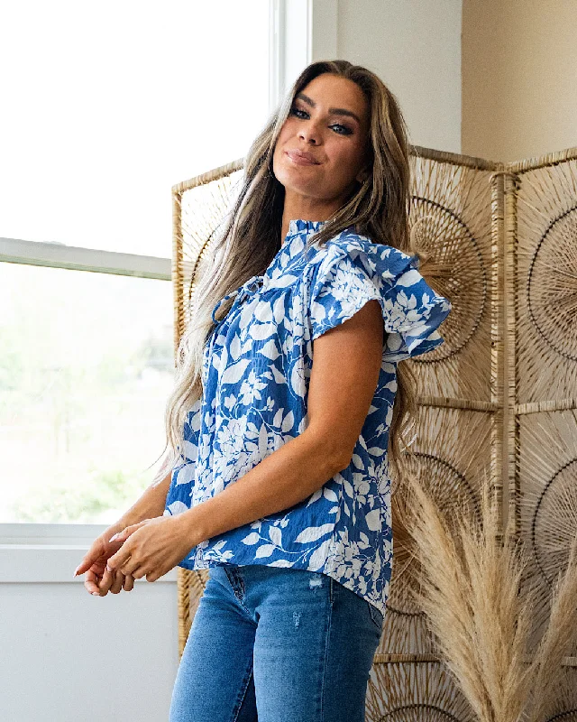 Marcie Blue Floral Ruffle Sleeve Top