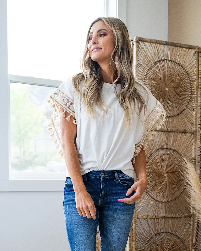 Sariah Ivory Top with Embellished Sleeve Detail