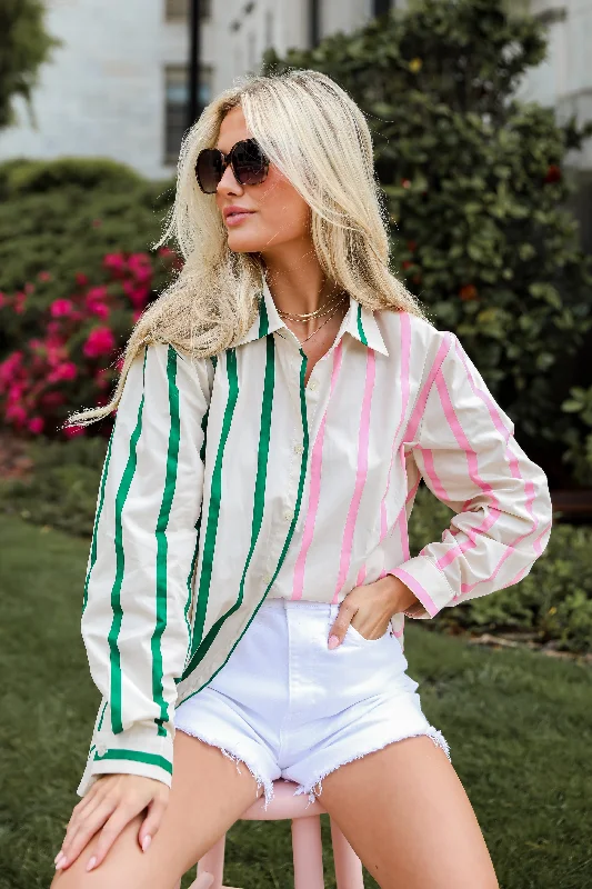 FINAL SALE - Officially Cute Pink Color Block Striped Oversized Button-Up Blouse